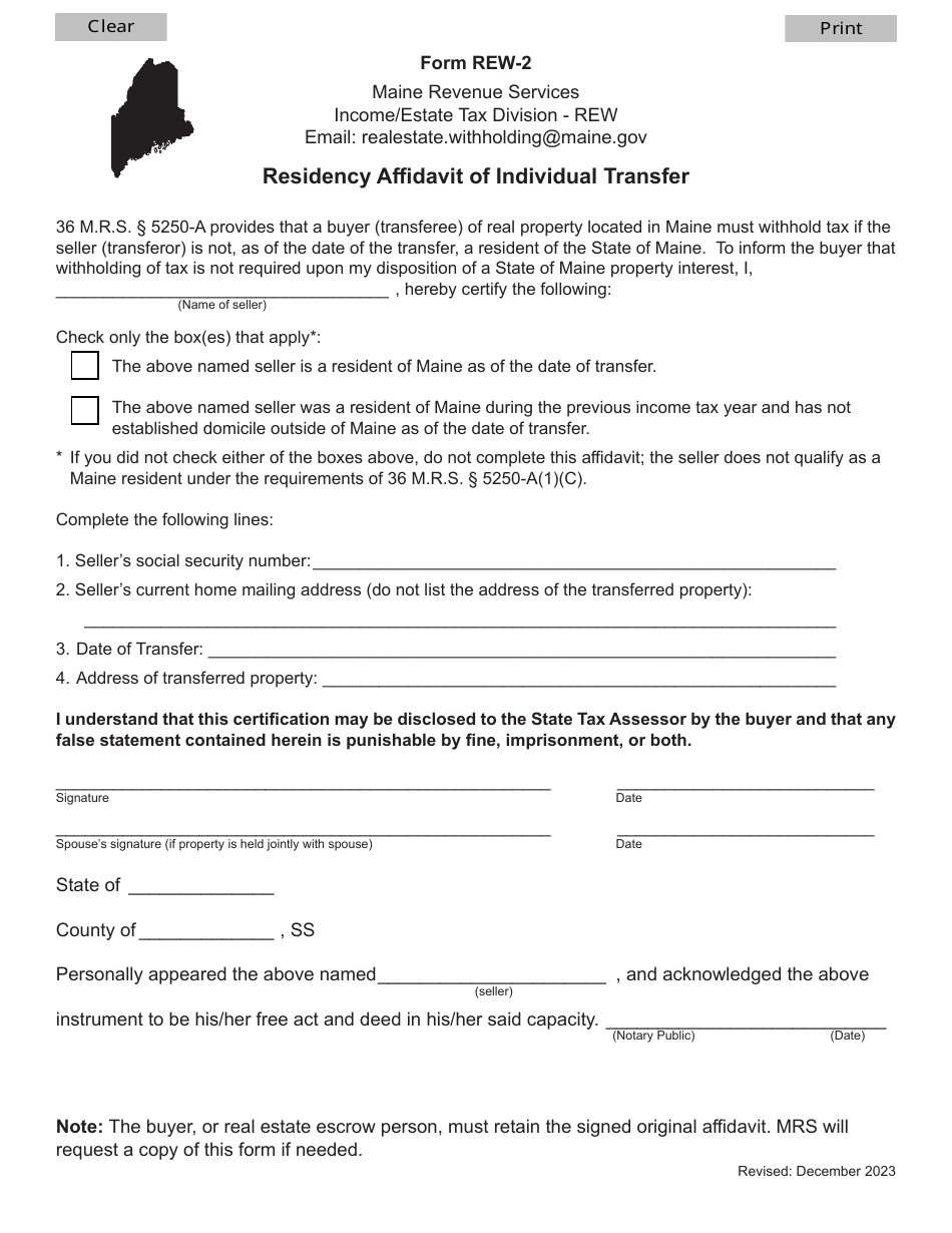 Form REW-2 Residency Affidavit of Individual Transfer - Maine, Page 1