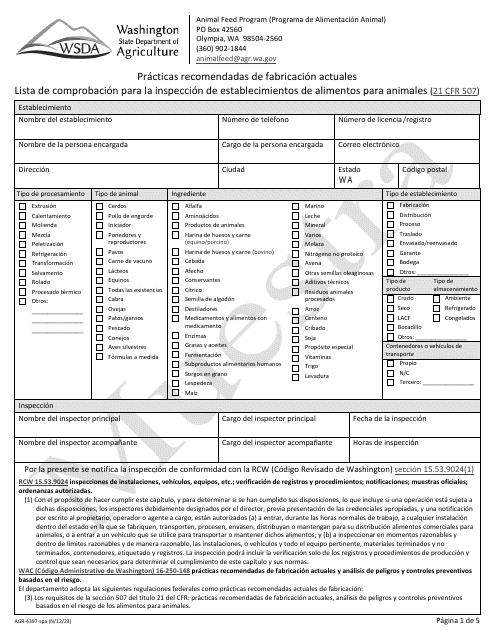 Formulario AGR-4397-SPA Practicas Recomendadas De Fabricacion Actuales - Lista De Comprobacion Para La Inspeccion De Establecimientos De Alimentos Para Animales - Sample - Washington (Spanish)