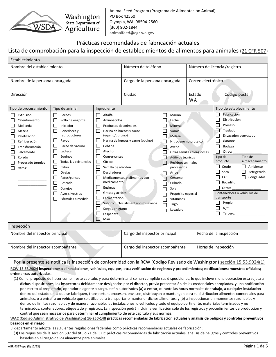 Formulario AGR-4397-SPA Practicas Recomendadas De Fabricacion Actuales - Lista De Comprobacion Para La Inspeccion De Establecimientos De Alimentos Para Animales - Sample - Washington (Spanish), Page 1
