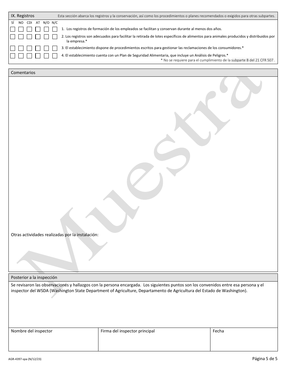 Formulario AGR-4397-SPA Practicas Recomendadas De Fabricacion Actuales - Lista De Comprobacion Para La Inspeccion De Establecimientos De Alimentos Para Animales - Sample - Washington (Spanish), Page 5