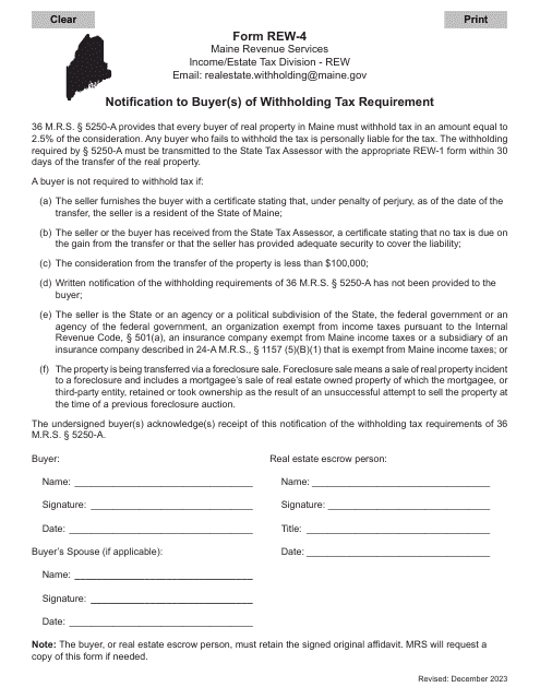 Form REW-4 Notification to Buyer(S) of Withholding Tax Requirement - Maine