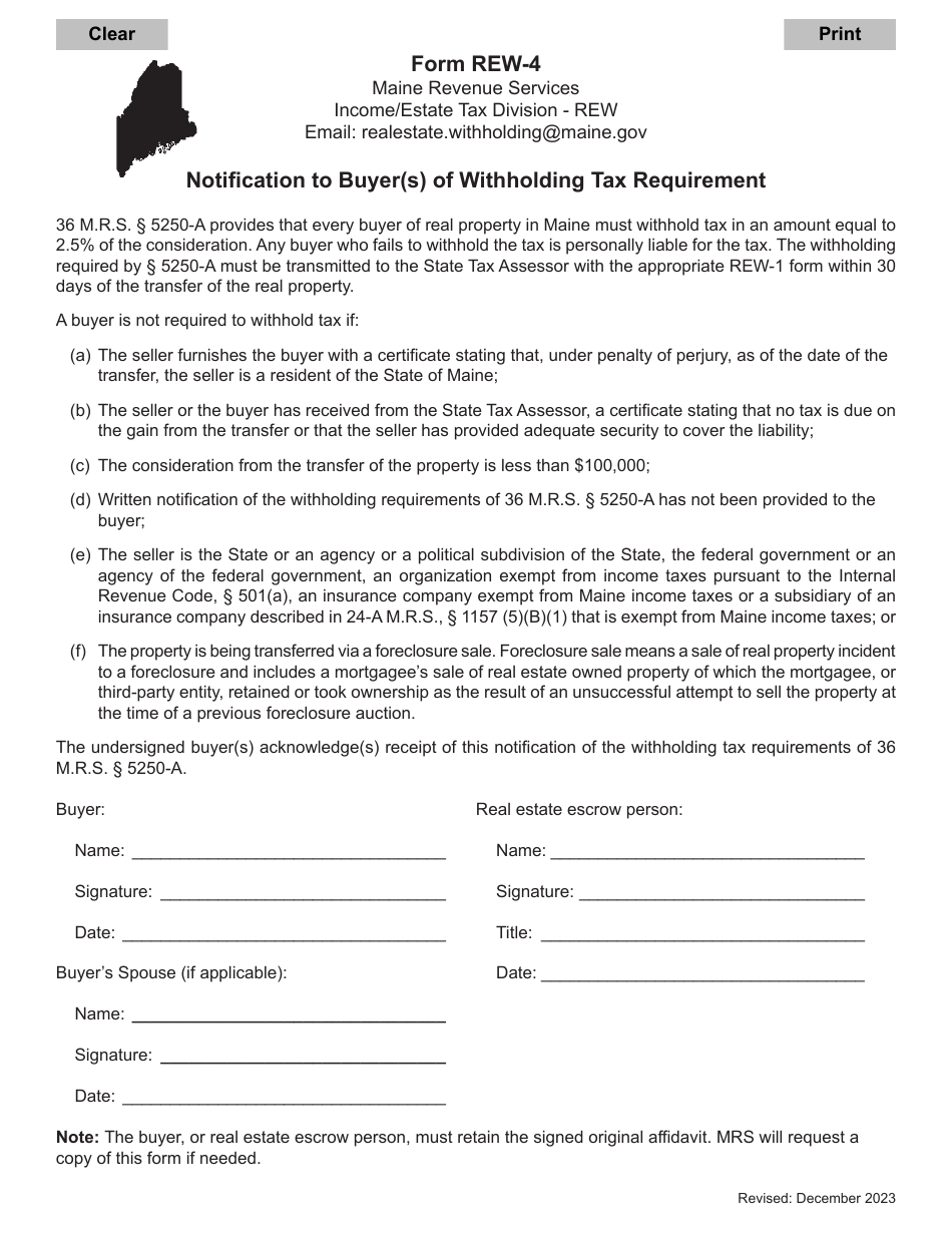 Form REW-4 Notification to Buyer(S) of Withholding Tax Requirement - Maine, Page 1