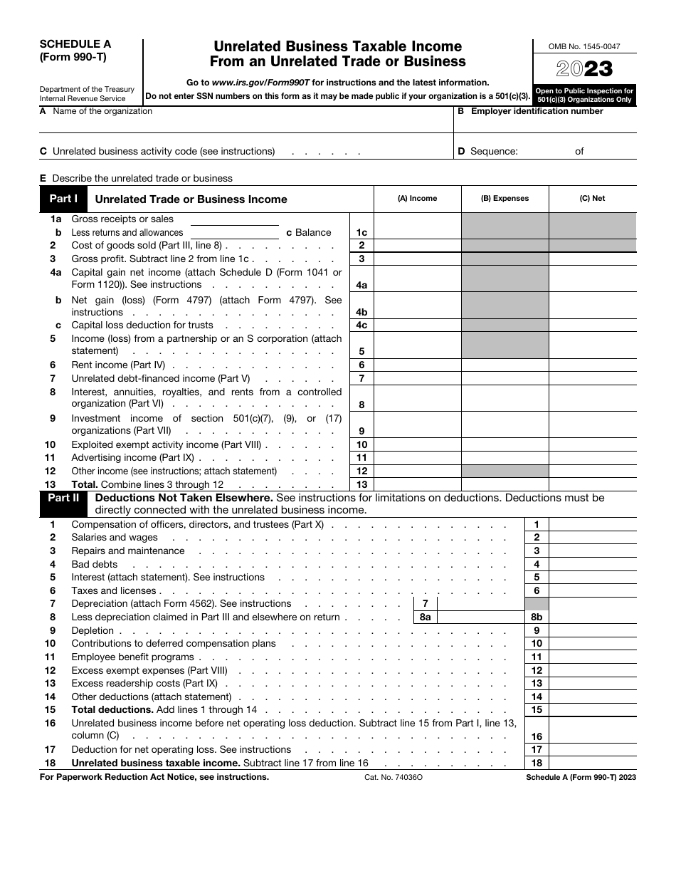 IRS Form 990-T Schedule A Unrelated Business Taxable Income From an Unrelated Trade or Business, Page 1