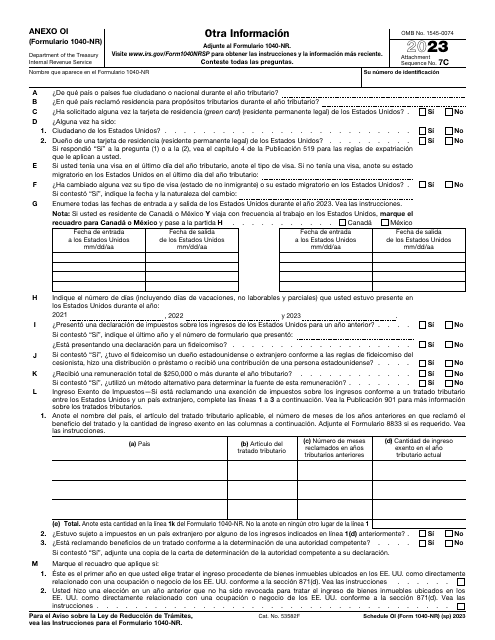 IRS Formulario 1040-NR Anexo OI 2023 Printable Pdf
