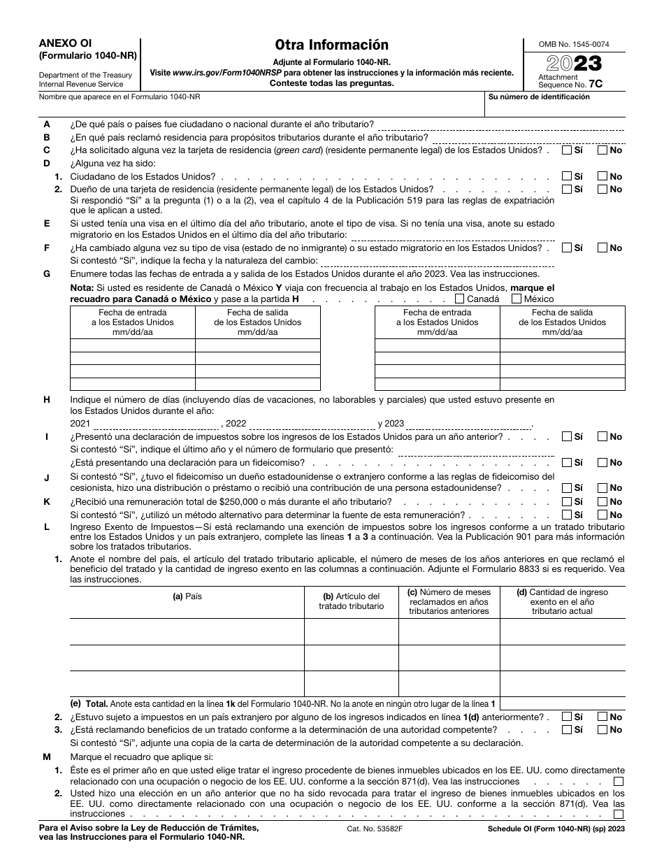 IRS Formulario 1040-NR Anexo OI - 2023 - Fill Out, Sign Online and ...