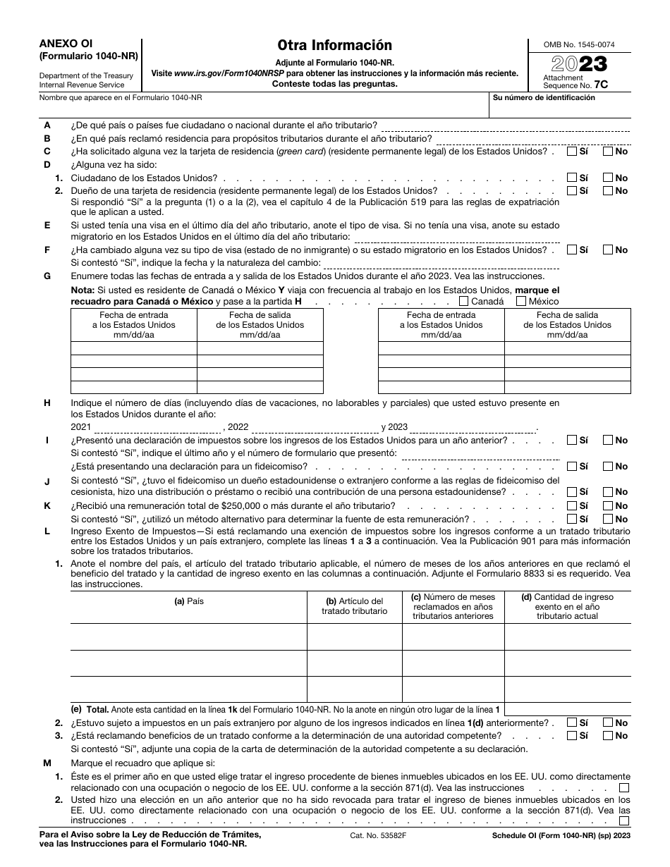 IRS Formulario 1040-NR Anexo OI Otra Informacion (Spanish), Page 1