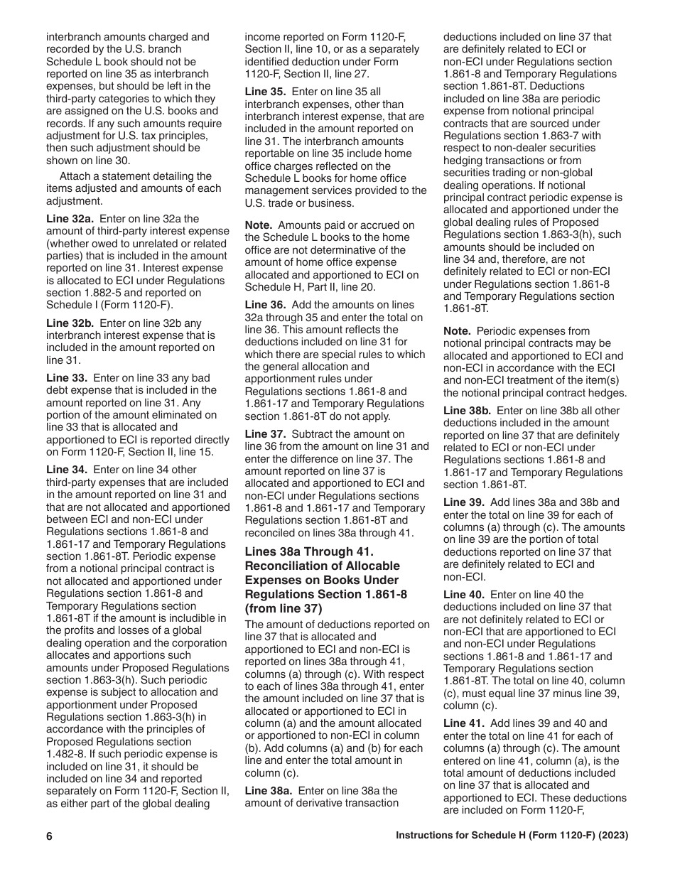 Instructions for IRS Form 1120-F Schedule H Deductions Allocated to Effectively Connected Income Under Regulations Section 1.861-8, Page 6
