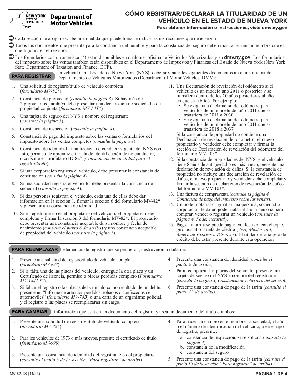 Instrucciones para Formulario MV-82S Solicitud De Registro / Titulo De Vehiculos - New York (Spanish), Page 1