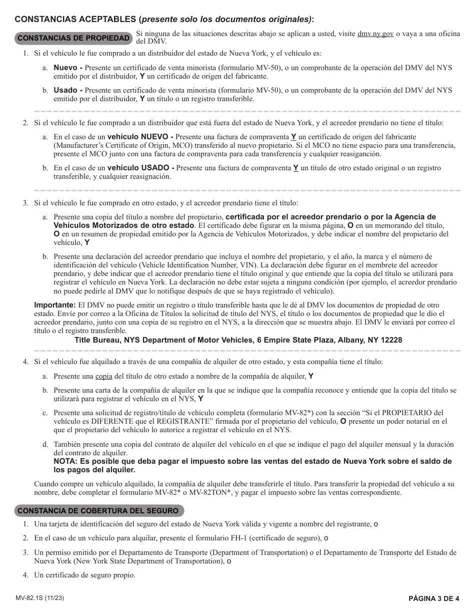 Instrucciones para Formulario MV-82S Solicitud De Registro / Titulo De Vehiculos - New York (Spanish), Page 3