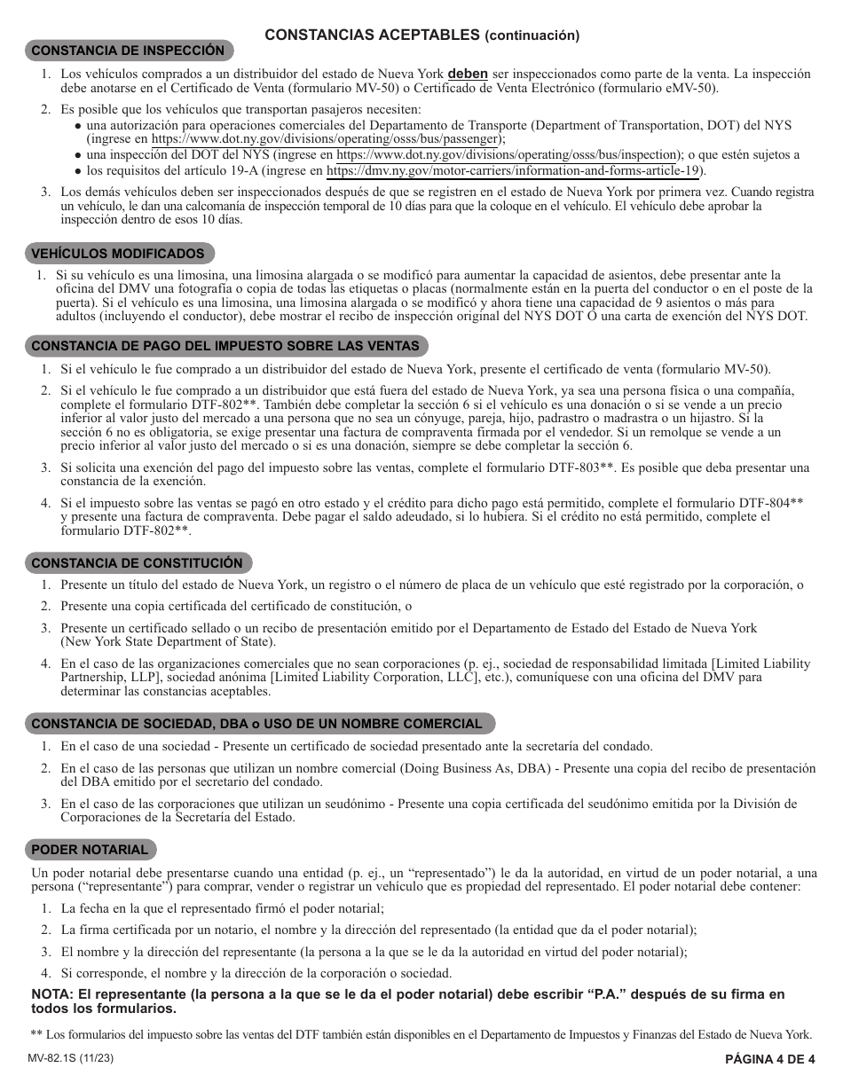 Instrucciones para Formulario MV-82S Solicitud De Registro / Titulo De Vehiculos - New York (Spanish), Page 4