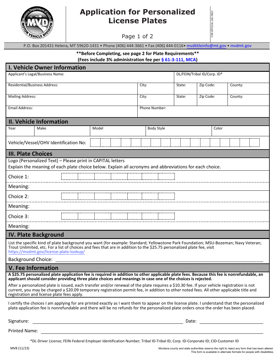 Form MV8 Application for Personalized License Plates - Montana, Page 1