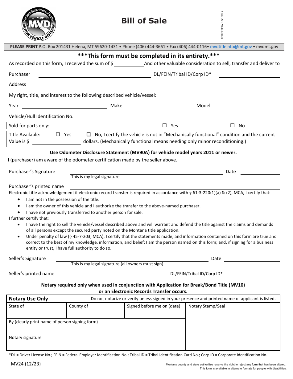 Form MV24 Bill of Sale - Montana, Page 1