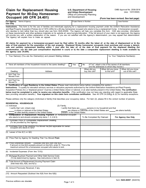 Form HUD-40057 Claim for Replacement Housing Payment for 90-day Homeowner-Occupant