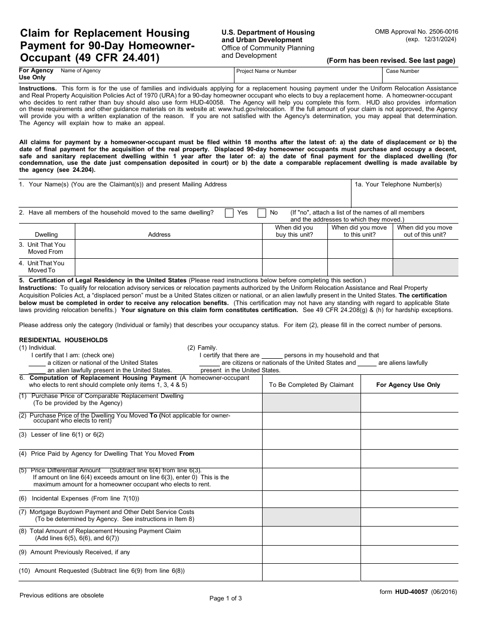 Form HUD-40057 Claim for Replacement Housing Payment for 90-day Homeowner-Occupant, Page 1