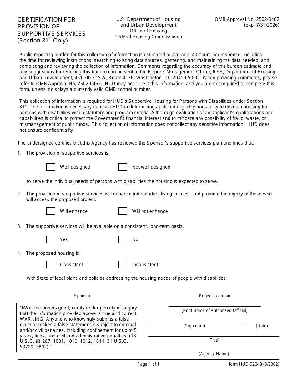 Form HUD-92043 Certification for Provision of Supportive Services (Section 811 Only), Page 1