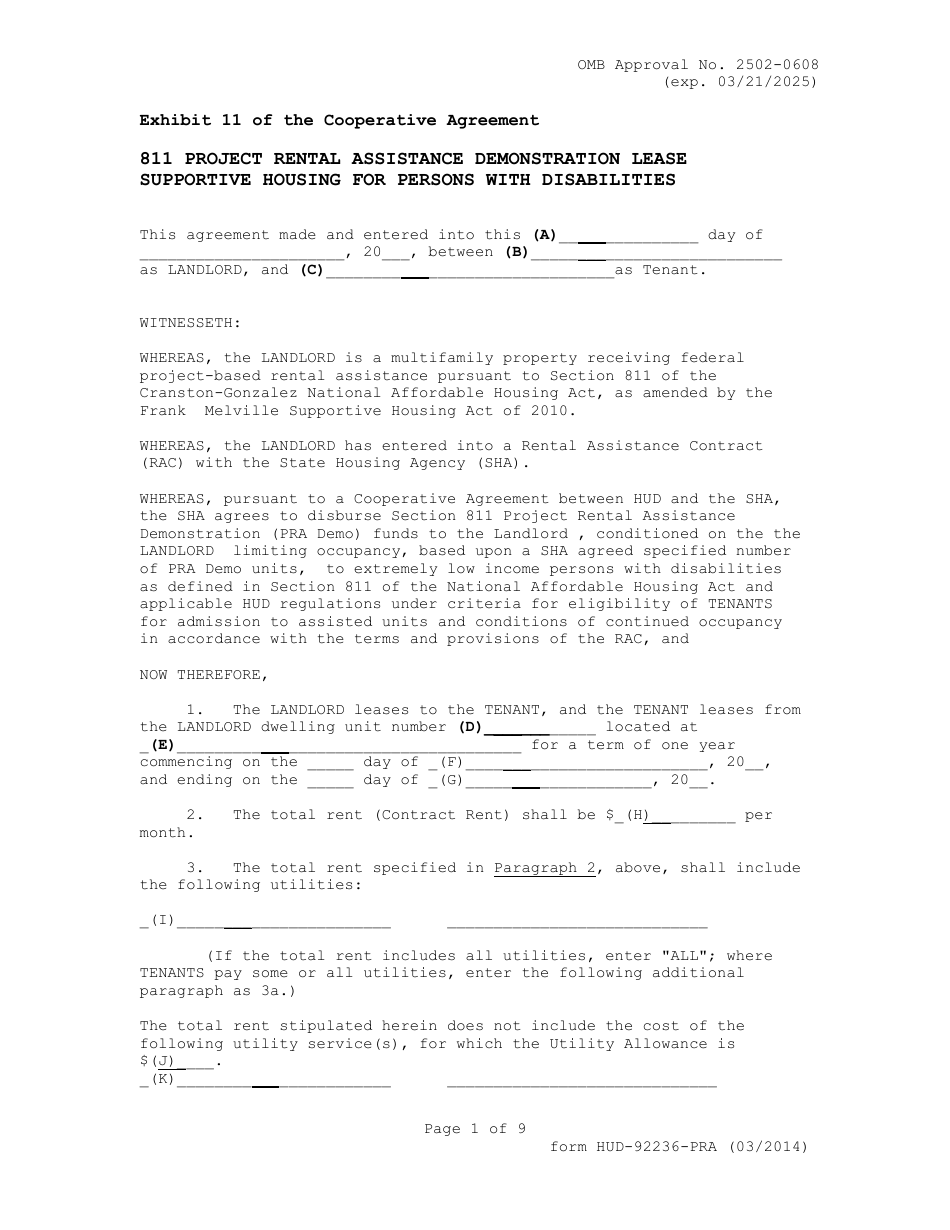 Form HUD-92236-PRA Exhibit 11 811 Project Rental Assistance Demonstration Lease Supportive Housing for Persons With Disabilities, Page 1