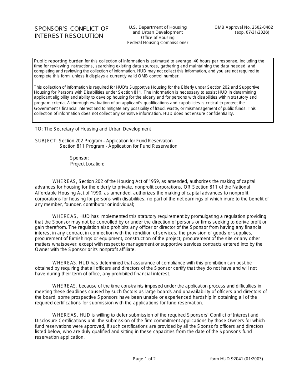 Form HUD-92041 Sponsors Conflict of Interest Resolution, Page 1