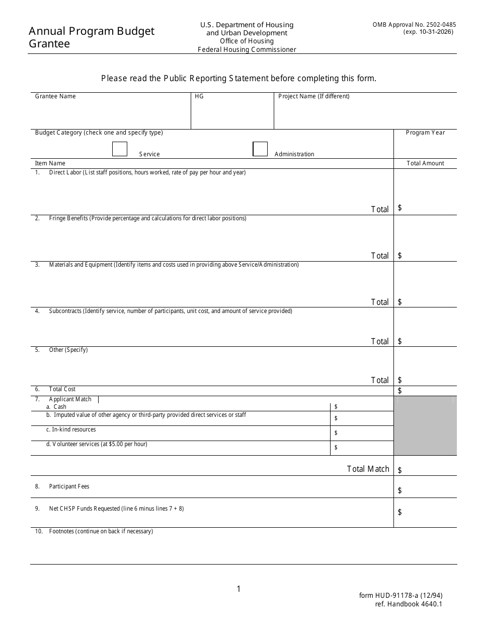 Form HUD-91178-A Annual Program Budget Grantee, Page 1