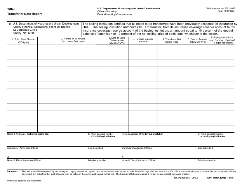 Form HUD-27030 Title I Transfer of Note Report