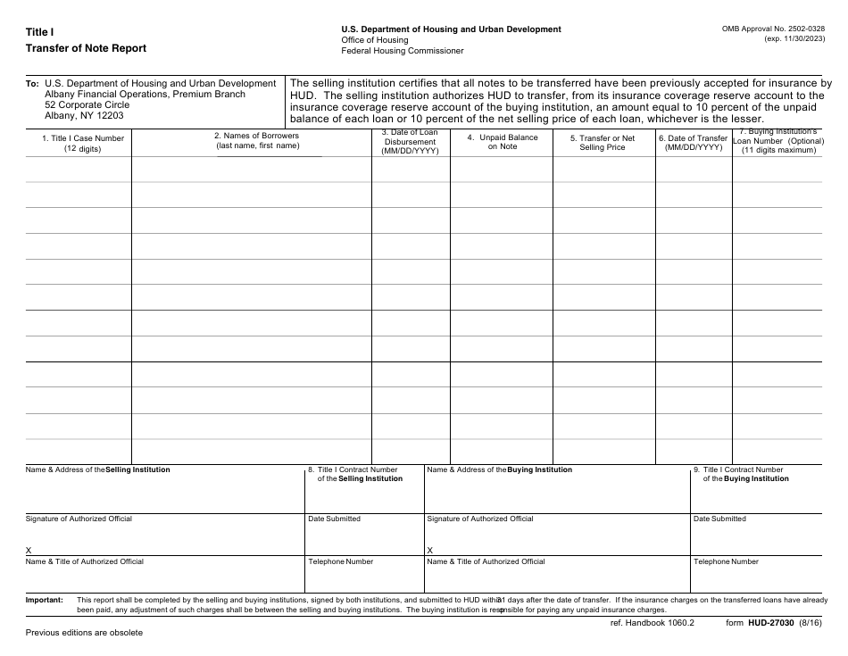 Form HUD-27030 Title I Transfer of Note Report, Page 1