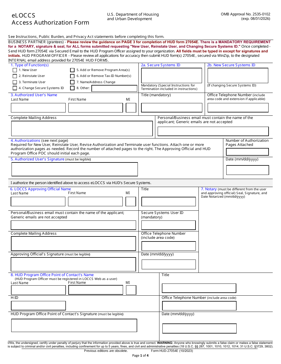 Form HUD-27054E Eloccs Access Authorization Form, Page 1