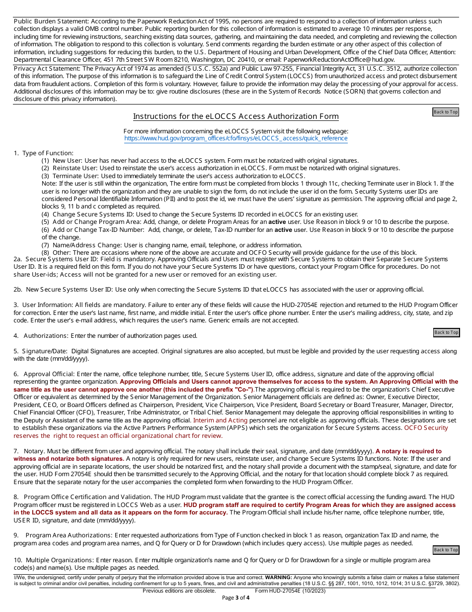 Form HUD-27054E Eloccs Access Authorization Form, Page 3