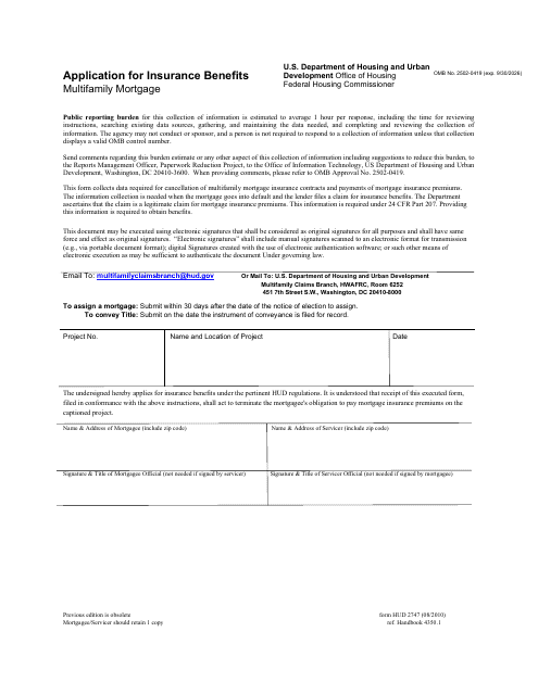 Form HUD-2747 Application for Insurance Benefits - Multifamily Mortgage