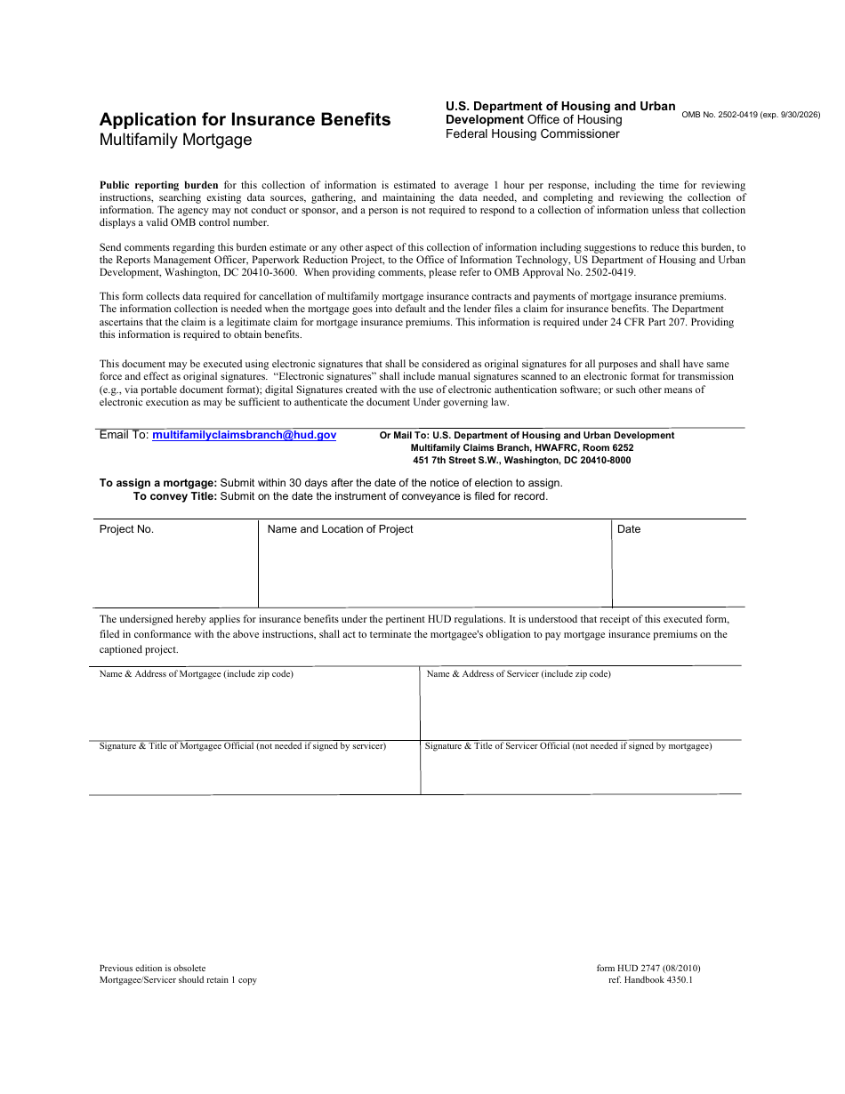 Form HUD-2747 Application for Insurance Benefits - Multifamily Mortgage, Page 1