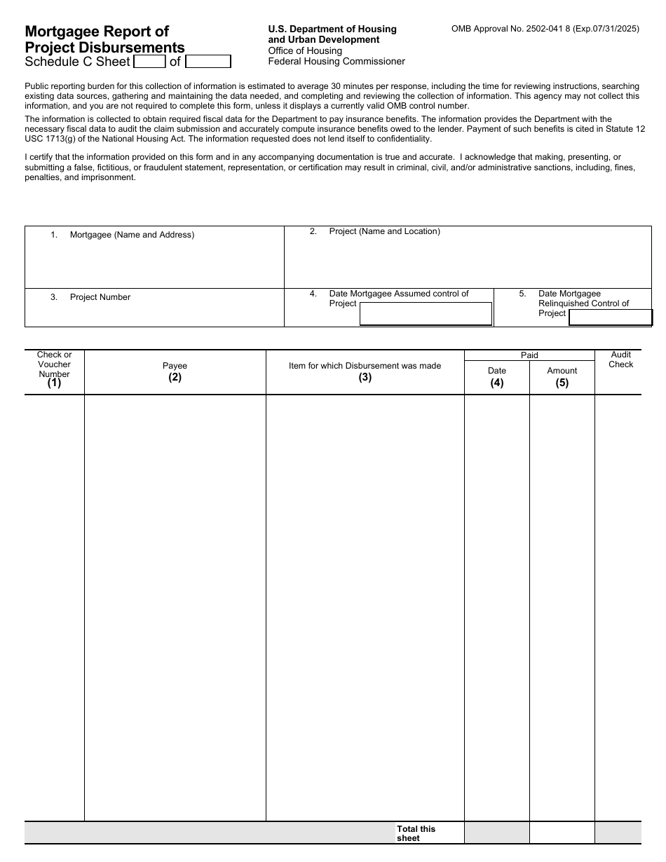 Form HUD-2744-C Schedule C Mortgagee Report of Project Disbursements, Page 1