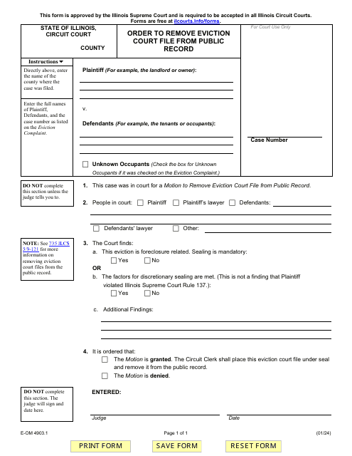 Form E-OM4903.1 Order to Remove Eviction Court File From Public Record - Illinois