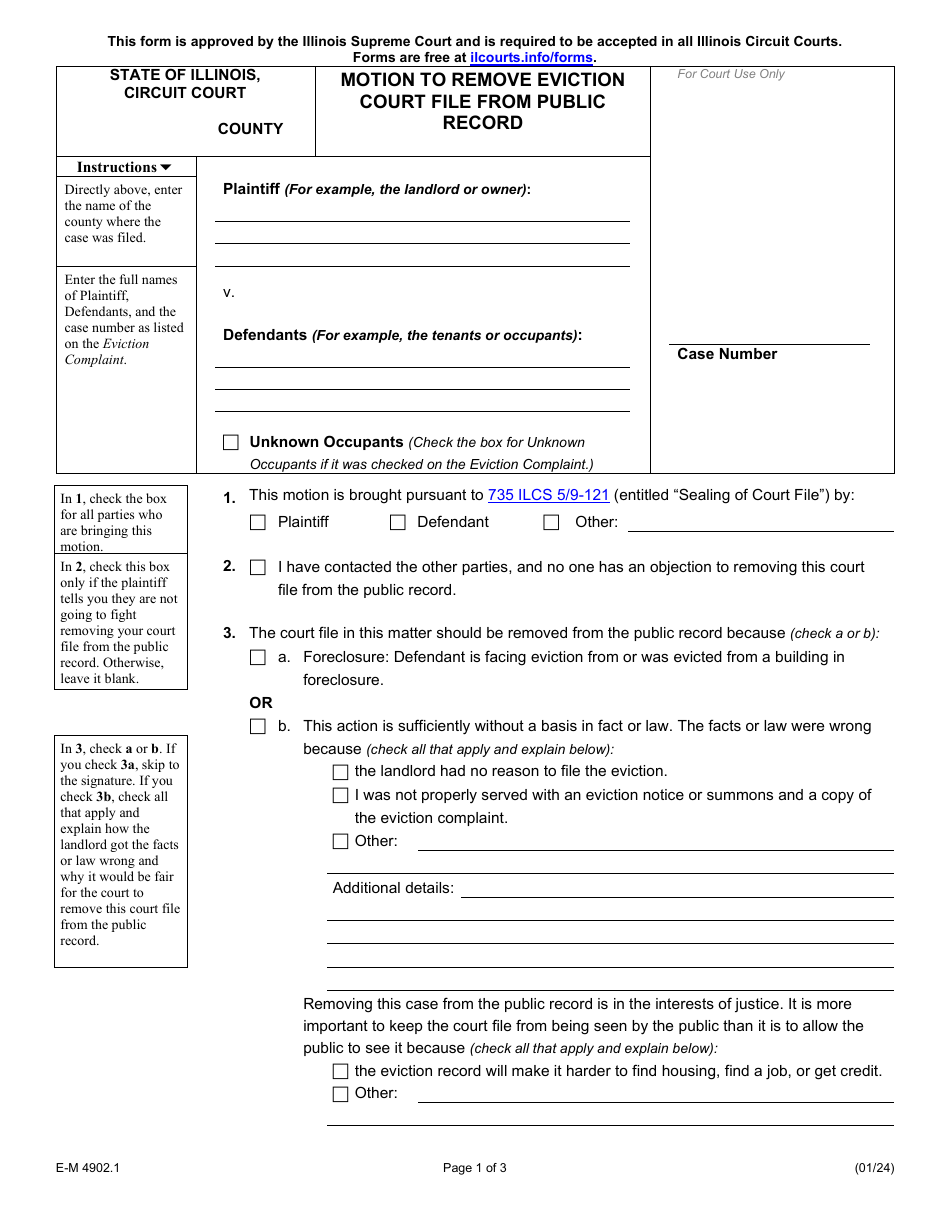 Form E-M4902.1 Motion to Remove Eviction Court File From Public Record - Illinois, Page 1