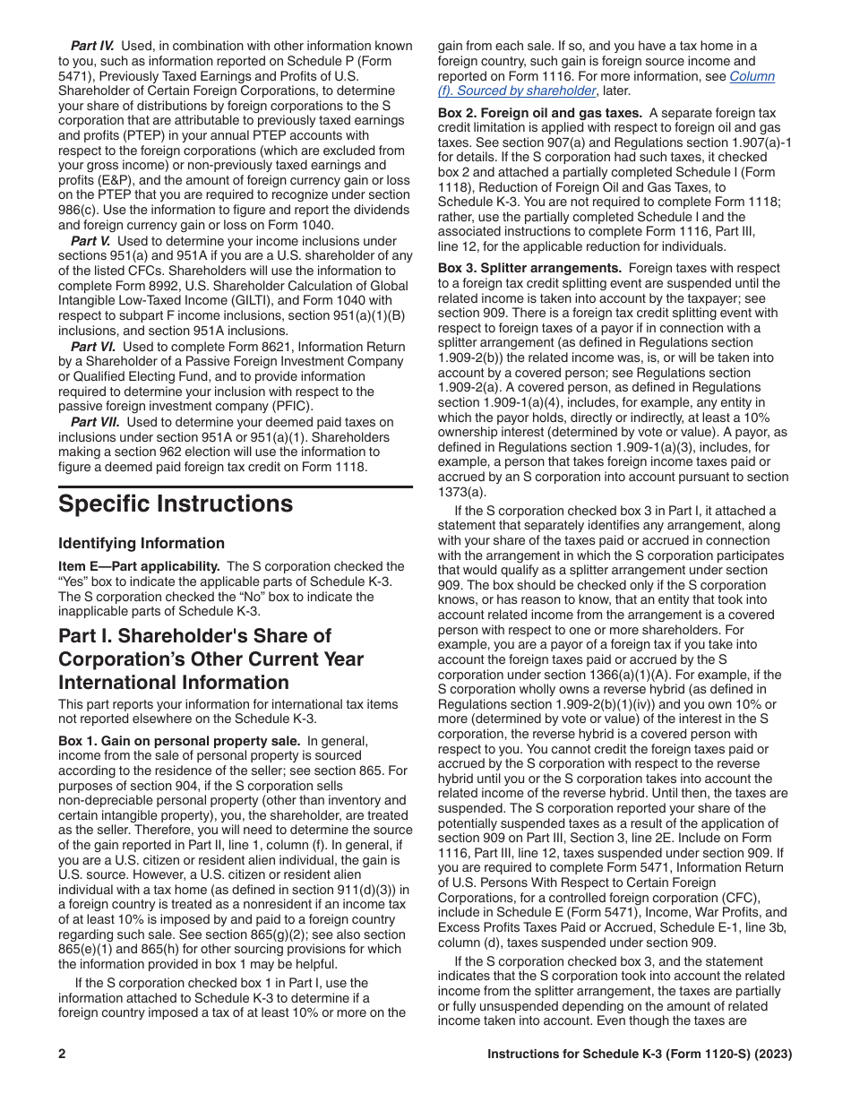 Instructions for IRS Form 1120-S Schedule K-3 Shareholders Share of Income, Deductions, Credits, Etc. - International (For Shareholders Use Only), Page 2