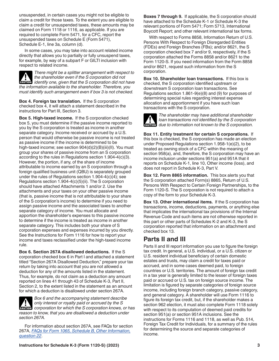 Instructions for IRS Form 1120-S Schedule K-3 Shareholders Share of Income, Deductions, Credits, Etc. - International (For Shareholders Use Only), Page 3