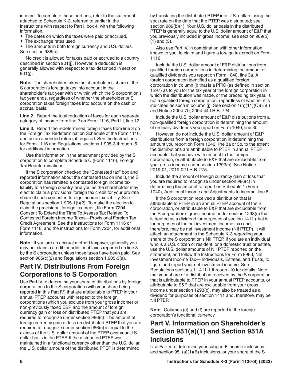 Instructions for IRS Form 1120-S Schedule K-3 Shareholders Share of Income, Deductions, Credits, Etc. - International (For Shareholders Use Only), Page 8