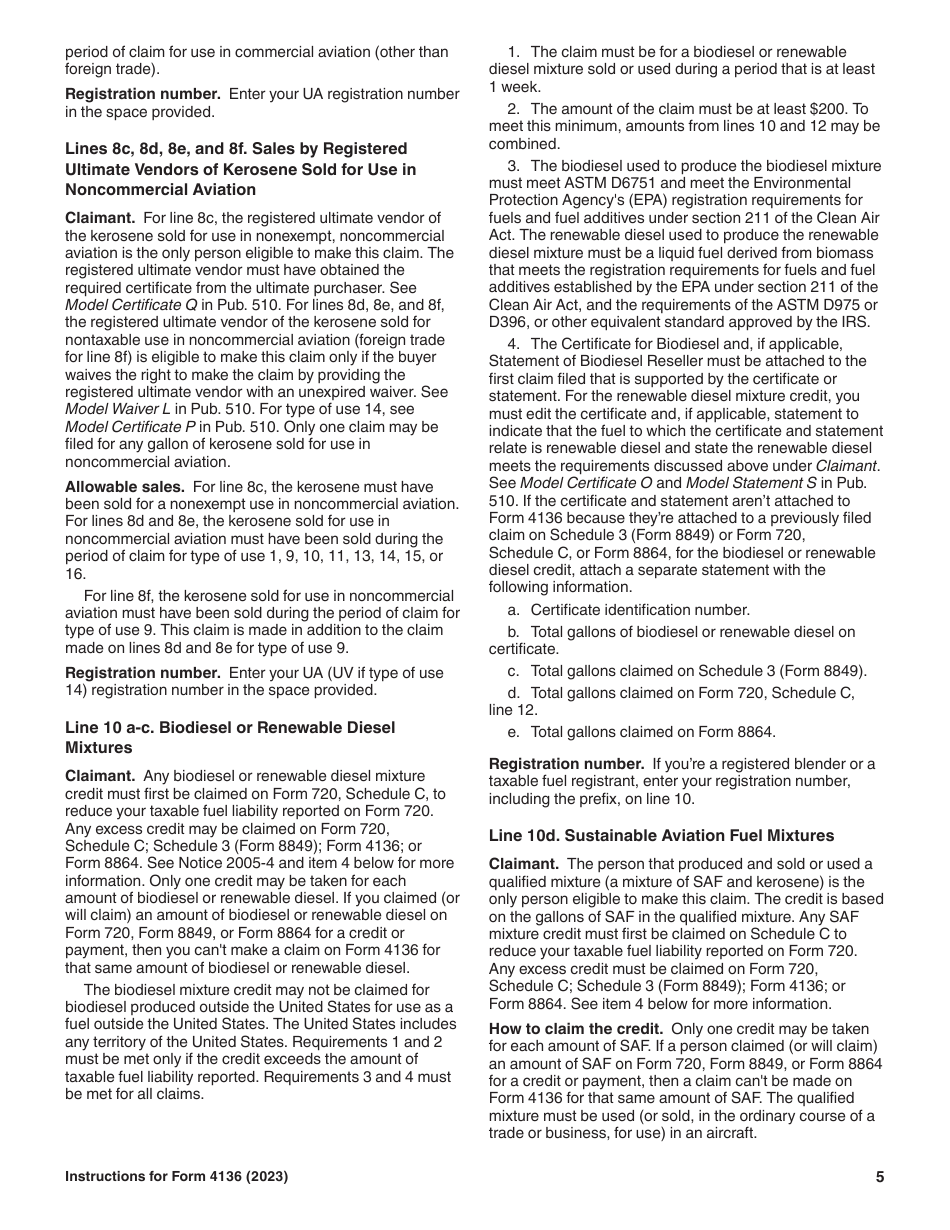 Instructions for IRS Form 4136 Credit for Federal Tax Paid on Fuels, Page 5