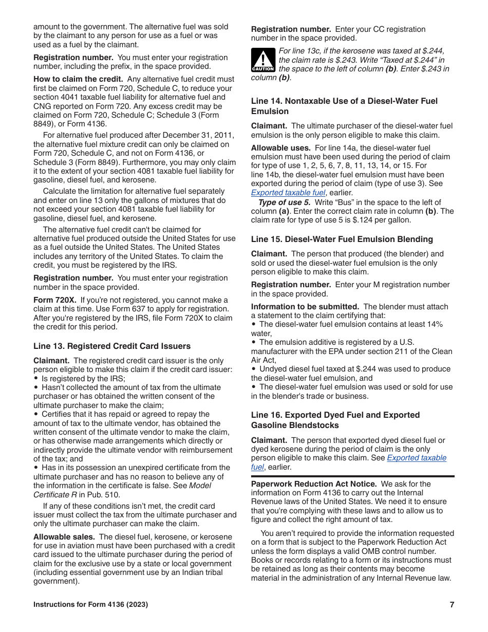 Instructions for IRS Form 4136 Credit for Federal Tax Paid on Fuels, Page 7