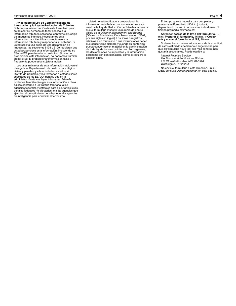 IRS Formulario 4506 (SP) Solicitud De Copia De La Declaracion De Impuestos (Spanish), Page 4
