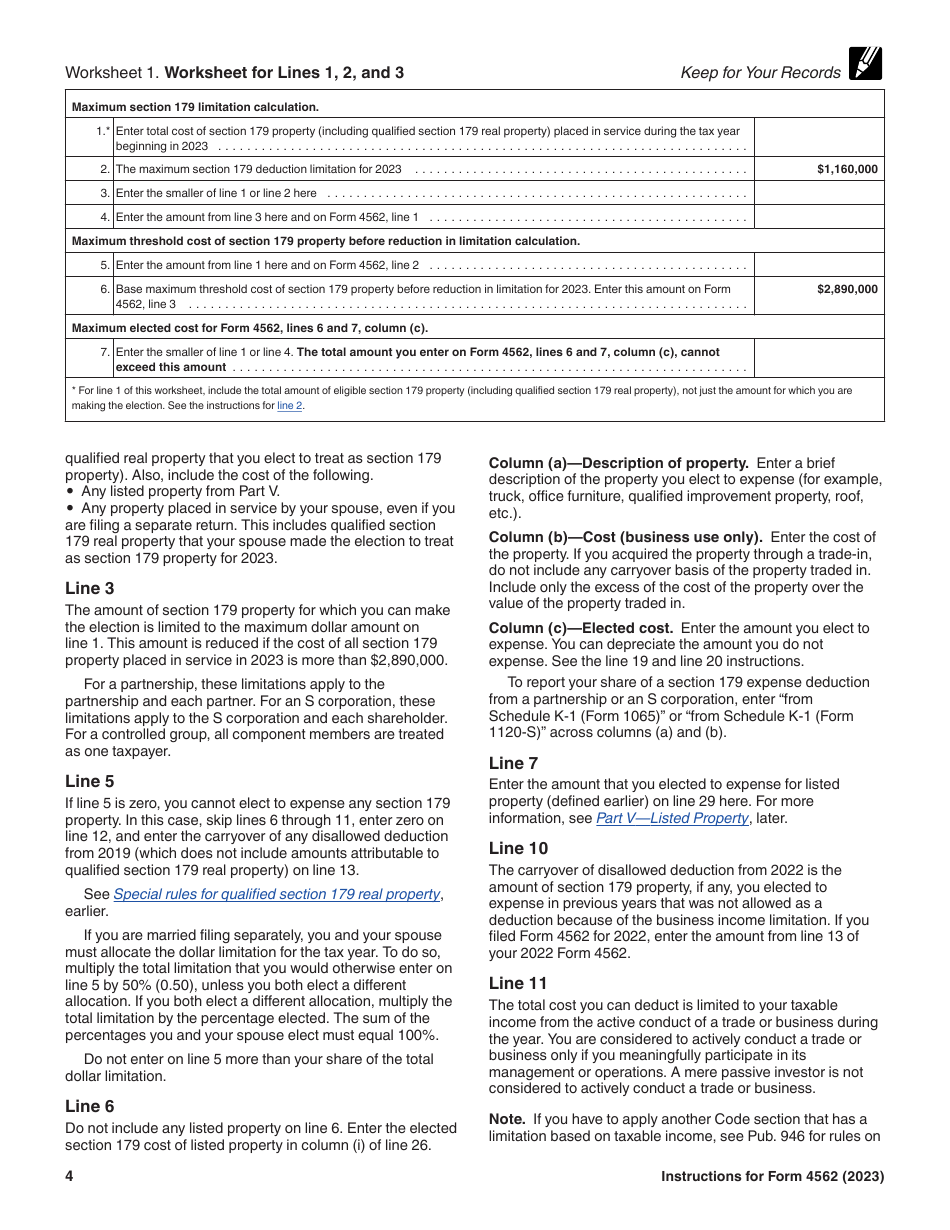 Download Instructions for IRS Form 4562 Depreciation and Amortization ...