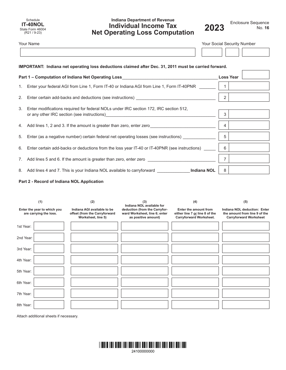 Form IT-40NOL (State Form 46004) Individual Income Tax Net Operating Loss Computation - Indiana, Page 1