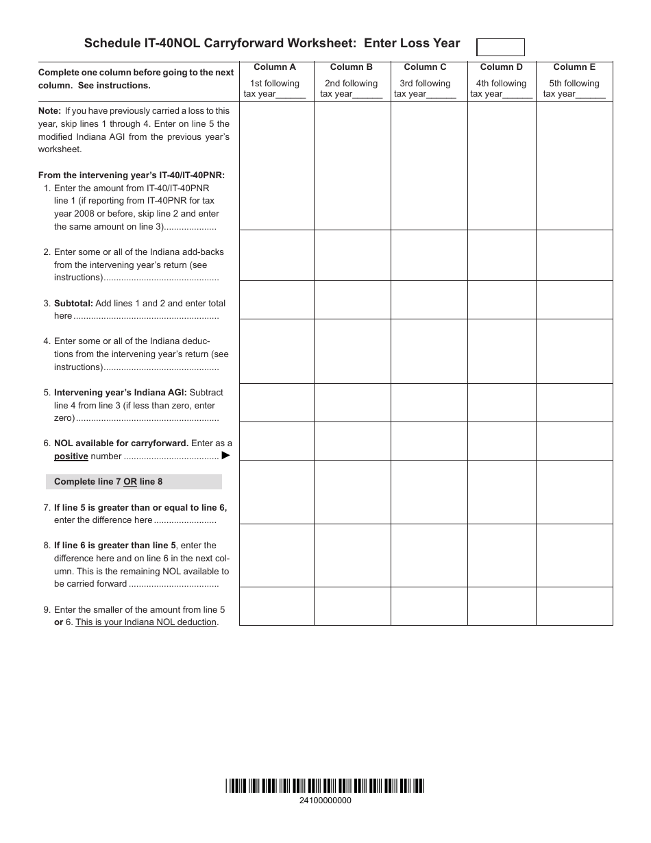 Form IT-40NOL (State Form 46004) Individual Income Tax Net Operating Loss Computation - Indiana, Page 2