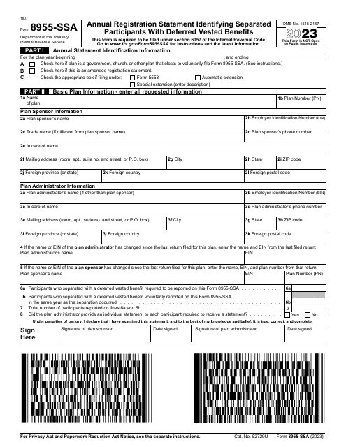 IRS Form 8955-SSA Annual Registration Statement Identifying Separated Participants With Deferred Vested Benefits, 2023