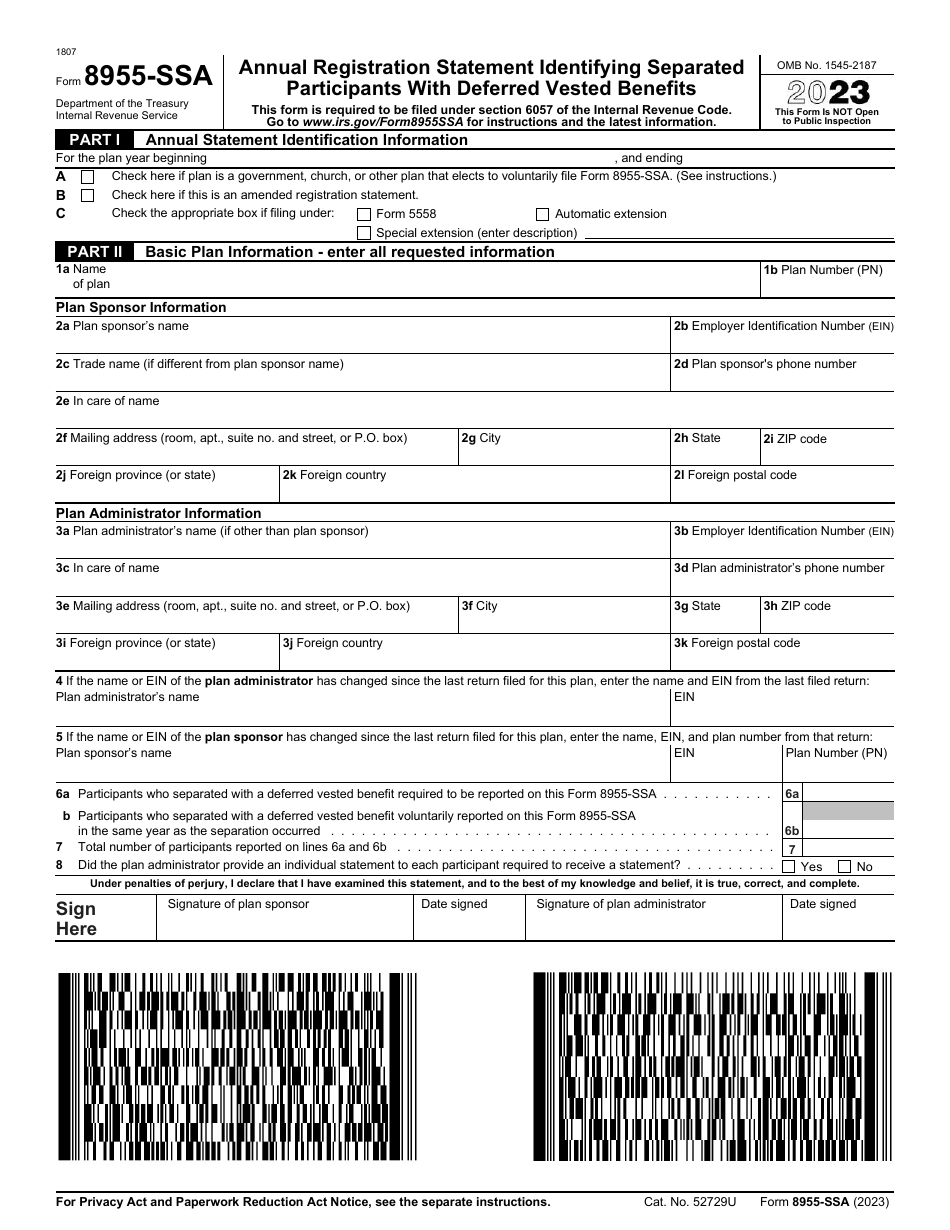 IRS Form 8955-SSA Annual Registration Statement Identifying Separated Participants With Deferred Vested Benefits, Page 1