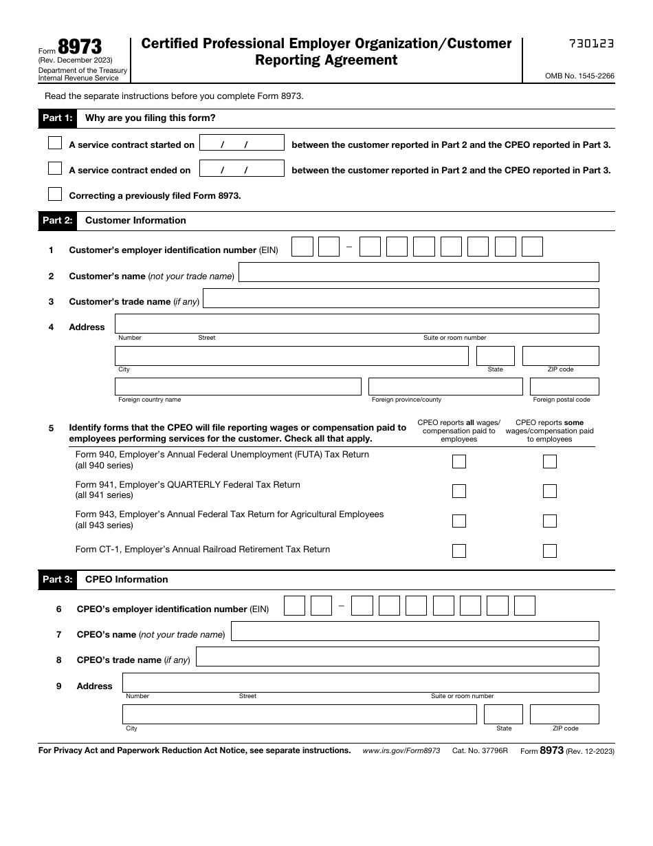 IRS Form 8973 Certified Professional Employer Organization / Customer Reporting Agreement, Page 1