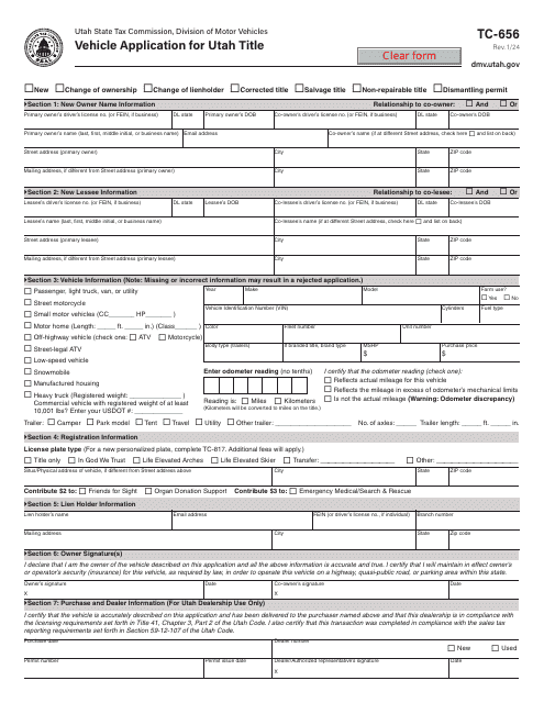 Form TC-656 Vehicle Application for Utah Title - Utah