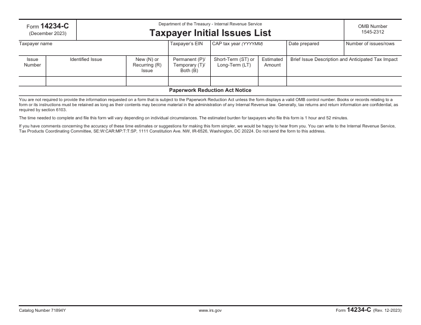 IRS Form 14234-C Taxpayer Initial Issues List