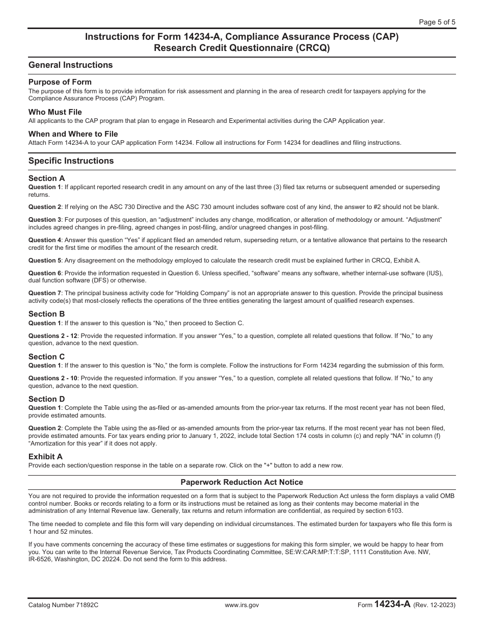 IRS Form 14234-A Compliance Assurance Process (CAP) Research Credit Questionnaire (Crcq), Page 5