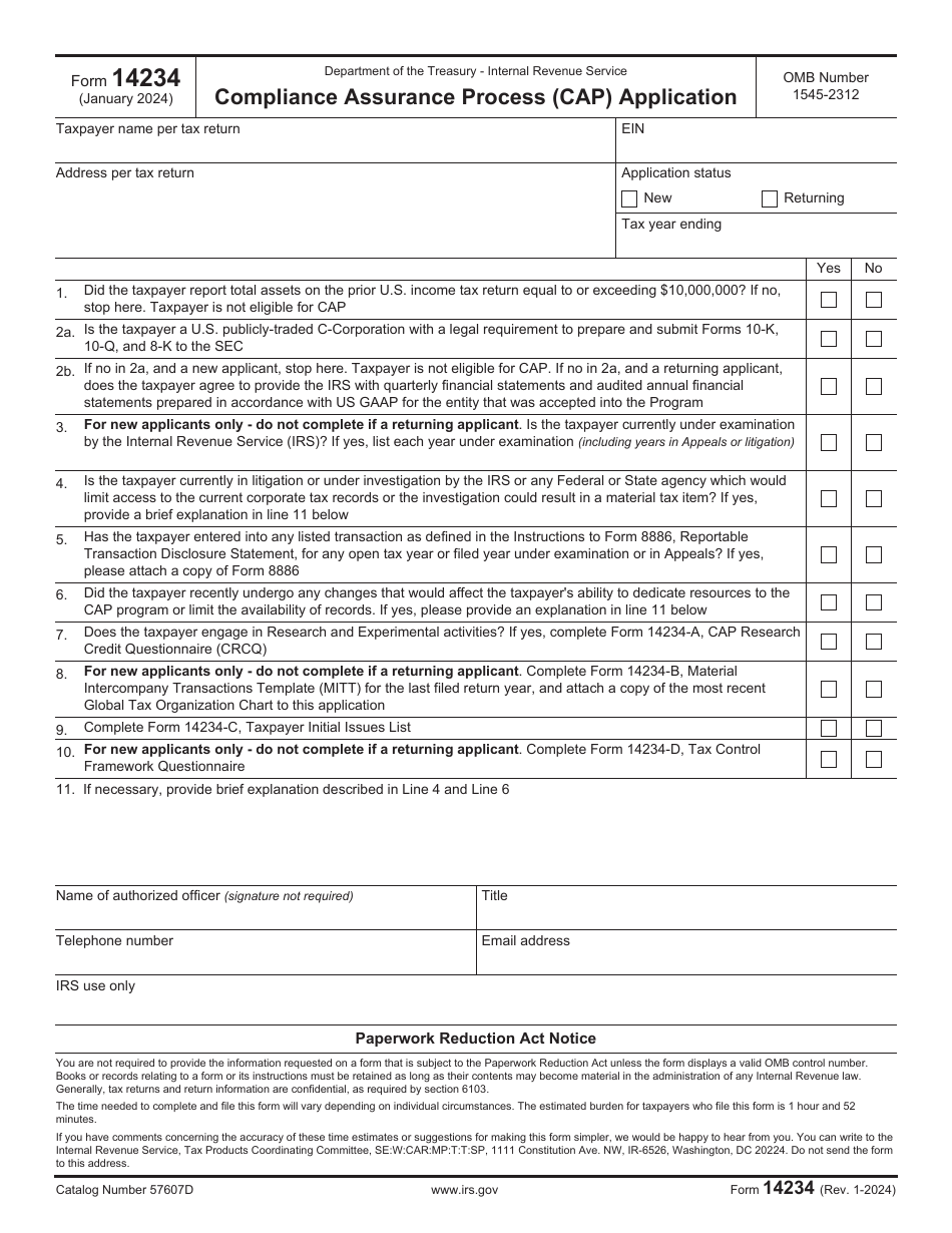 IRS Form 14234 Compliance Assurance Process (CAP) Application, Page 1