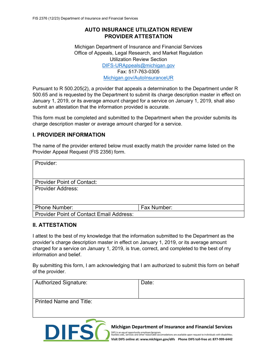 Form FIS2376 Auto Insurance Utilization Review Provider Attestation - Michigan, Page 1
