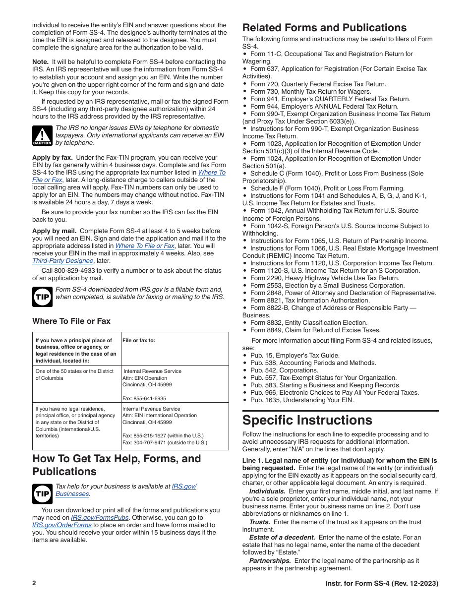 Instructions for IRS Form SS-4 Application for Employer Identification Number (Ein), Page 2