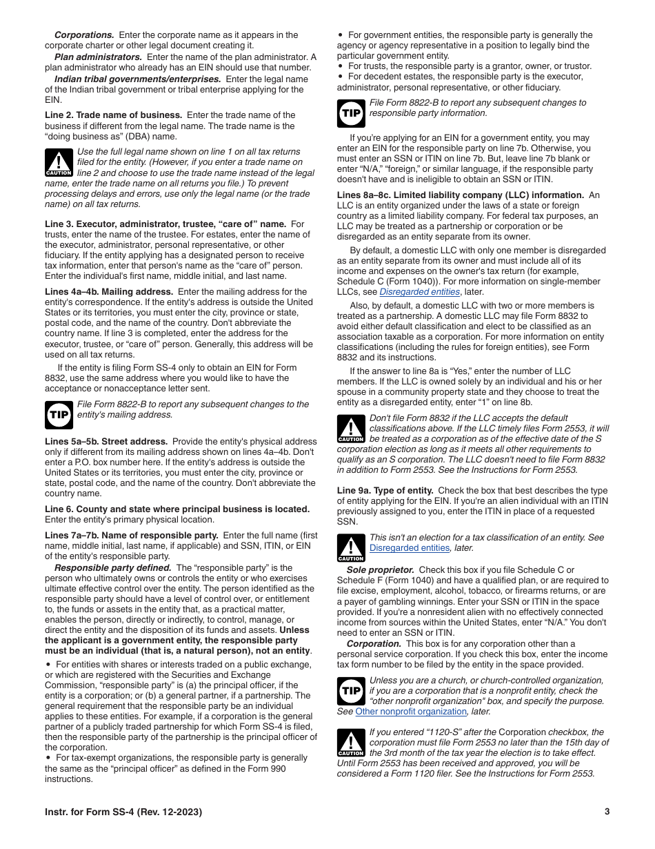 Instructions for IRS Form SS-4 Application for Employer Identification Number (Ein), Page 3
